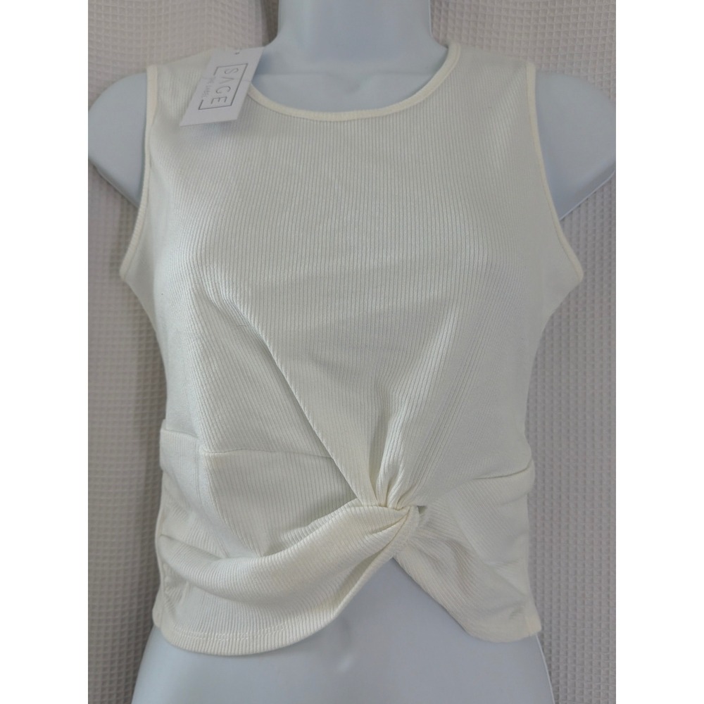 Sage The Label White Ribbed Twist Front Sleeveless Knit Top LB123721 XS NWT